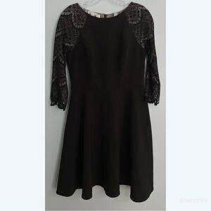 London Times Black Fit & Flare Lace Top Lined Dress 3/4 Sleeve Size 8